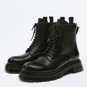 Zara lace up zipper leather chunky sole boots